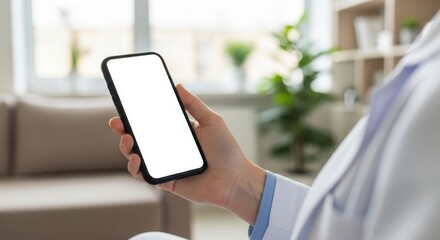 Doctor holding smartphone with blank screen for medical app advertisement