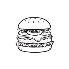 Hamburger Doodle Icon Hand-Drawn Sketch, Black and White Vector Illustration for Fast Food Menu or Restaurant Logo.
