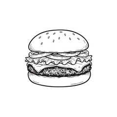 Hamburger Doodle Icon Hand-Drawn Sketch, Black and White Vector Illustration for Fast Food Menu or Restaurant Logo.