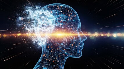 Digital human head with glowing circuits and data streams - Powered by Adobe