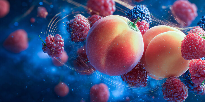Close up of peaches raspberries and blackberries floating with swirling energy on a blue background - Powered by Adobe