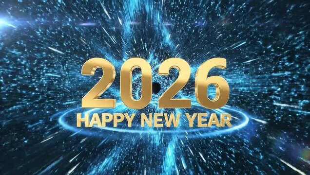 Golden 2026 Happy New Year text with blue abstract background