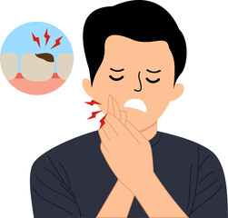 Flat style illustration of a man in pain due to cavities dental problem and oral treatment concept. dental health