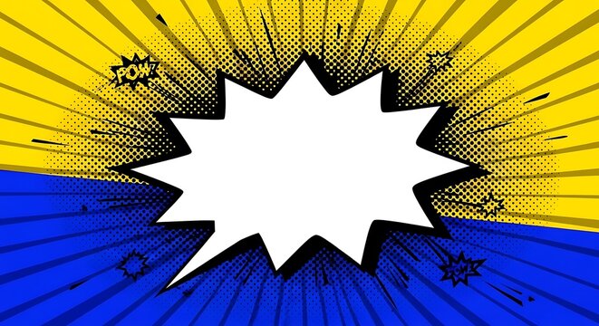 Comic book explosion effect with speech bubble on blue and yellow background