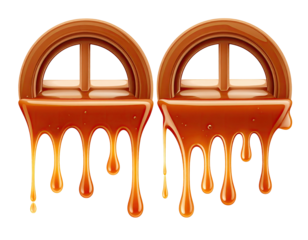 Twin arched window forms dripping shiny brown caramel sauce