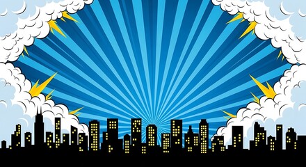 Comic book explosion effect with city skyline on blue background