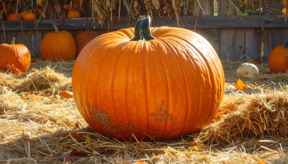 Close-up of a large, vibrant orange gourd, the centerpiece of a seasonal display. Background features other pumpkins and hay