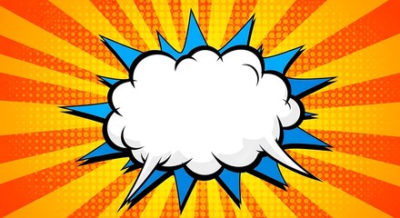 Comic book speech bubble on orange background with rays and burst effect