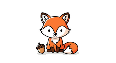 Obraz premium Cute cartoon fox sitting next to an acorn on a white background.