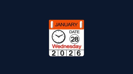 28 January 2026 Calendar Animation with clock icon. Perfect for countdown videos, on a black background. and stunning 4k animation .