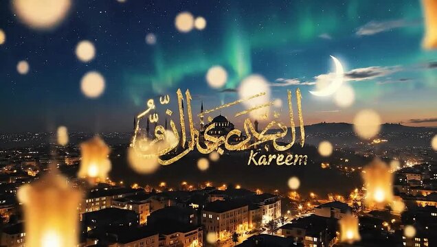 Mosque Silhouette under Aurora Borealis and Crescent Moon