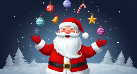 Cheerful Santa Claus with festive Christmas ornaments creates a joyful holiday spirit, perfect for seasonal greetings, children's stories, and heartwarming winter promotions, delivering holiday magic