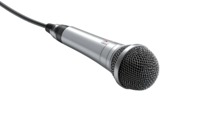 Silver microphone angled, black cable and backdrop visible