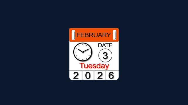 3 February 2026 Calendar Animation with clock icon. Perfect for countdown videos, on a black background. and stunning 4k animation .