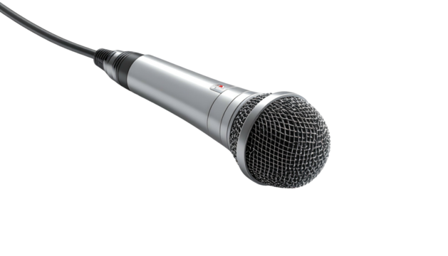 Silver microphone angled, black cable and backdrop visible