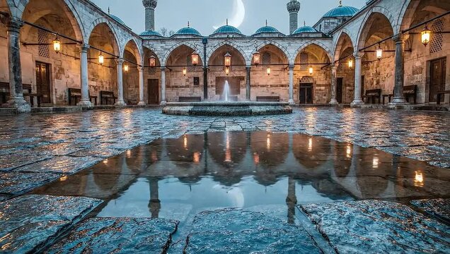 Courtyard of a Historic Mosque with Fountain and Reflections