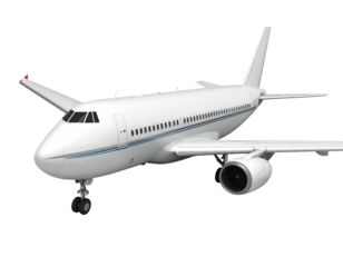 Pristine white plane with wings extended forward for landing