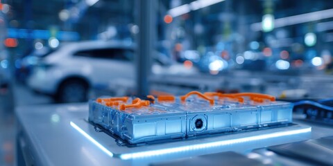 Electric Vehicle Battery Pack on Assembly Line in Factory.
