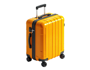 Bright orange suitcase with telescoping handle against black background