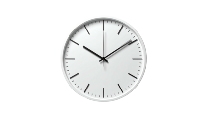 Round white wall clock with black hands on black background