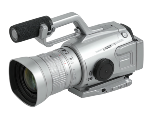 Silver camera with a large lens and a grip on top