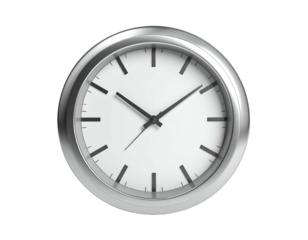 Silver-framed clock with white face, clean and simplistic design