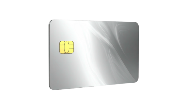 Silver card with EMV chip on black background, angled slightly