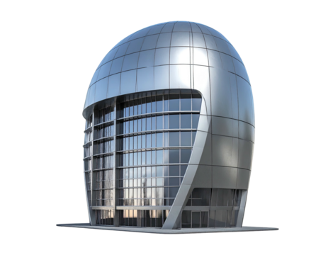 Futuristic, egg-shaped silver skyscraper with large glass windows