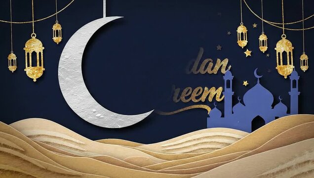 Ramadan Kareem Greeting with Crescent Moon and Mosque