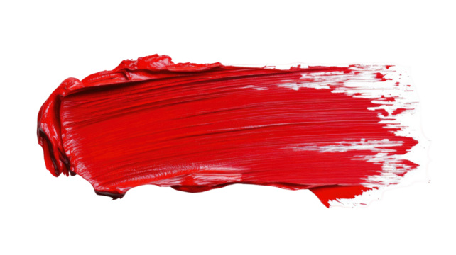 Grunge red brush stroke with rough texture and uneven edges creating artistic paint smear effect, isolated on white background