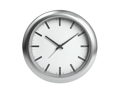 Silver-framed clock with white face, clean and simplistic design