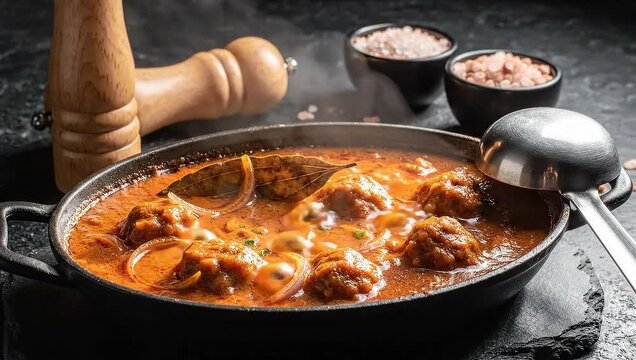 Hearty meatballs in a rich orange sauce with onions and bay leaves