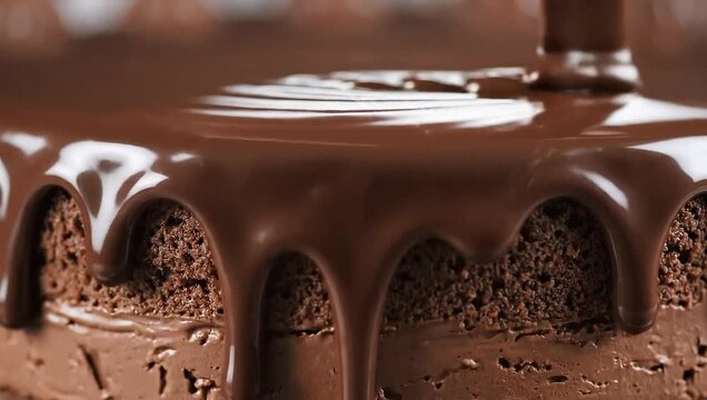 Rich Chocolate Glaze Pouring Over Dark Chocolate Cake, Decadent Dessert