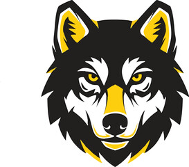 Striking wolf head graphic with intense yellow eyes and accents, in a black, white, and yellow palette. A powerful mascot for sports teams or bold brands.