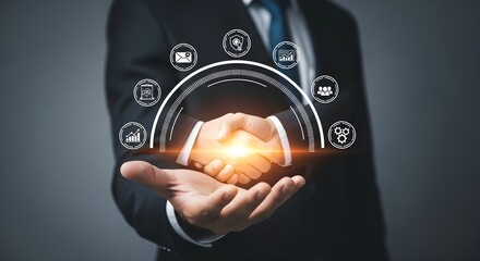 A businessman in a suit holds out his hand with a glowing handshake and surrounding icons, symbolizing partnership, agreement, and business success