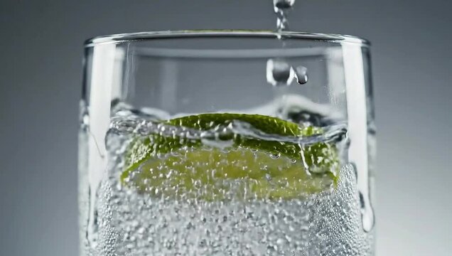 Water Pouring Into Glass With Lime Slice and Condensation