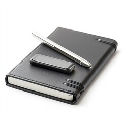 Sleek black notebook with silver pen and usb drive, perfect for business and organization
