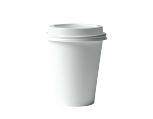 Plain white disposable coffee cup with lid against black background