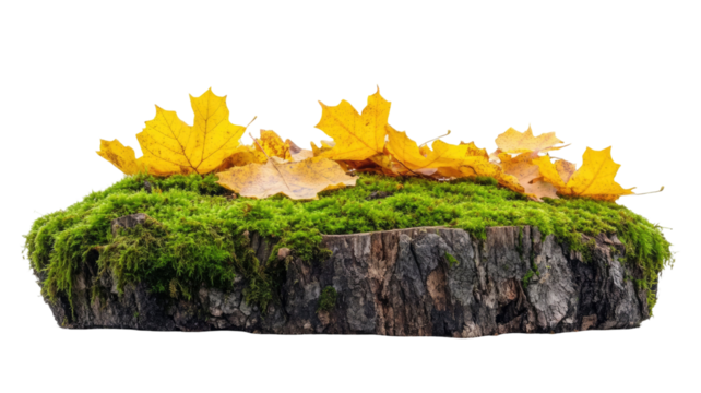 Green moss growing on rotten tree stump covered with dry autumn leaves in forest environment and soft sunlight, isolated on white background