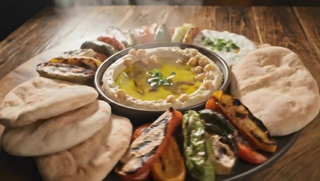 Hummus Platter with Grilled Vegetables and Pita Bread, Middle Eastern Cuisine Dining Concept on Rustic Table