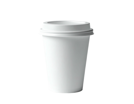 Plain white disposable coffee cup with lid against black background