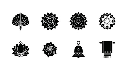 Collection of Black Ornamental Icons Fan, Flower, Lotus, Swirl, and More