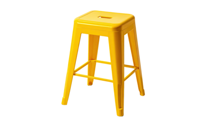 Yellow, metal, square-seated stool with footrest. Isolated