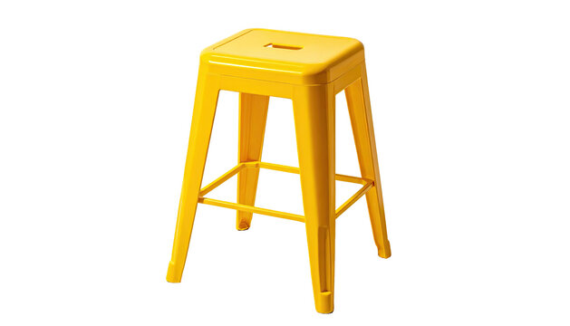 Yellow, metal, square-seated stool with footrest. Isolated