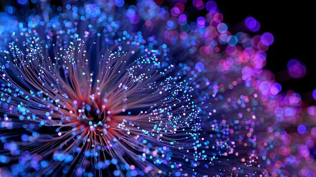 Macro photo of fiber optics glowing in blue light, Abstract digital fiber optic strands background, Futuristic technology data transmission glow

