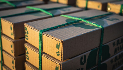 Close-up of neatly stacked cardboard boxes secured with green straps for shipping or storage.
