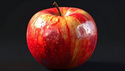 A ripe, red apple, with yellow streaks and water droplets, dark background