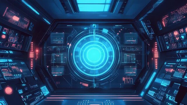 Futuristic spaceship cockpit showing advanced holographic control panel