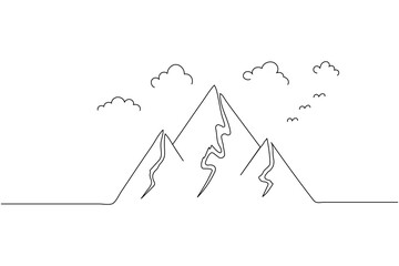 Mountain landscape one line art with pine trees on white background minimalist design