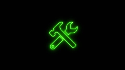 Obraz premium Neon glowing wrench icon on black background. Screwdriver repair tools icon illustration.